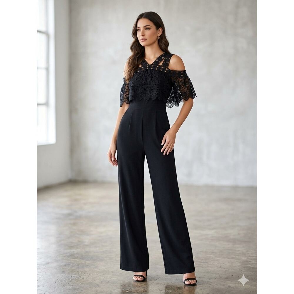 Moon River Lace Cold Shoulder Wide Leg Jumpsuit Black size L Goth party Cocktail